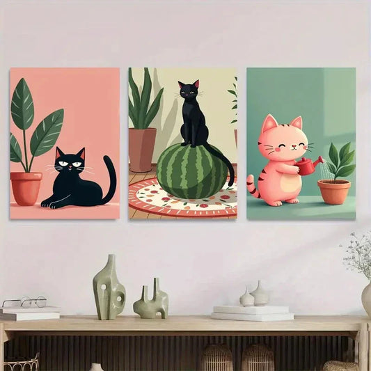 3pcs Charming Cat Cute Black And Pink Kitties Wall Art Set Canvas Framed 40x60cm - High Quality Print 100% Australian Made Wall Canvas Ready to Hang