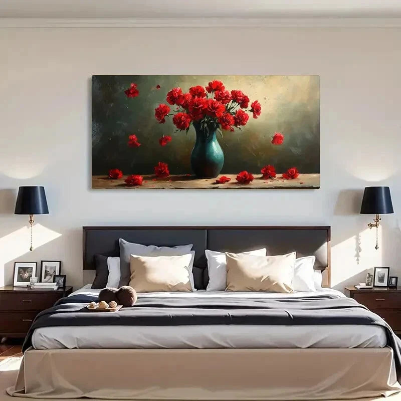 Red Flowers Vase Carnation Wall Art Canvas Office Home Room Framed 120x60cm
