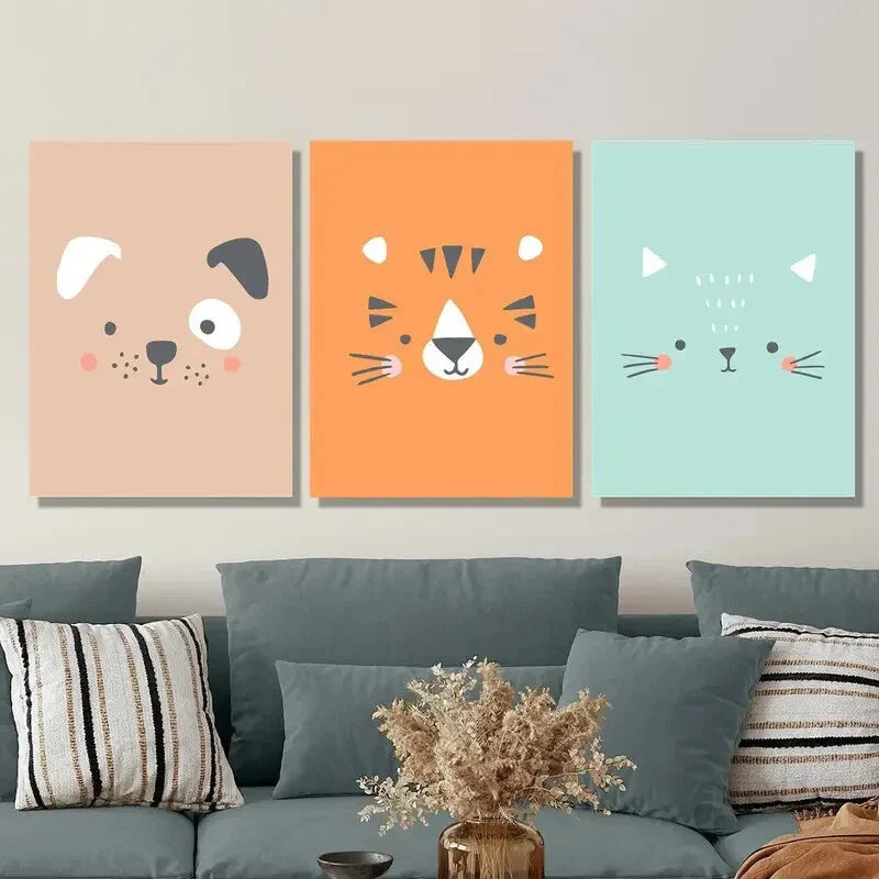 3pcs Brown Puppy, Cartoon Tiger, Cyan Kitten Metal Print Ready to Hang Art