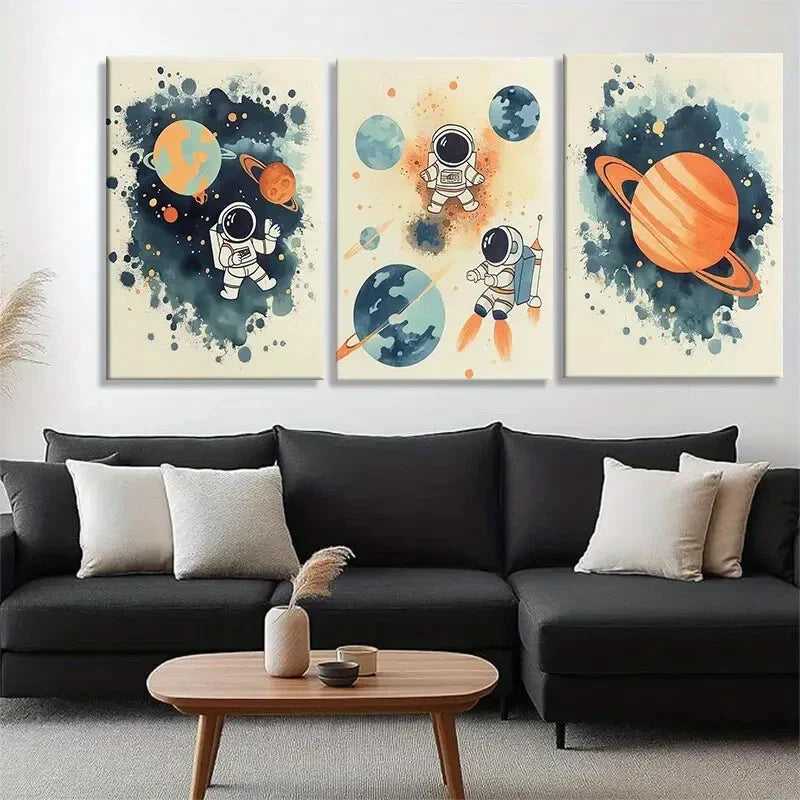 3pcs Playful Astronauts in Space Color Perfect Wall Art Set Canvas Framed 40x60cm - High Quality Print 100% Australian Made Wall Canvas Ready to Hang