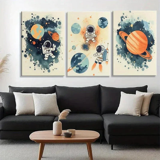 3pcs Playful Astronauts in Space Color Perfect Wall Art Set Canvas Framed 40x60cm - High Quality Print 100% Australian Made Wall Canvas Ready to Hang