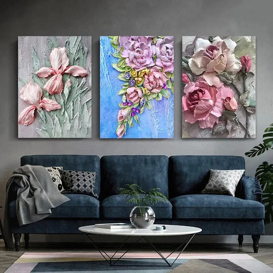 3pcs Pink and White Colourful Flowers Metal Print Ready to Hang Art