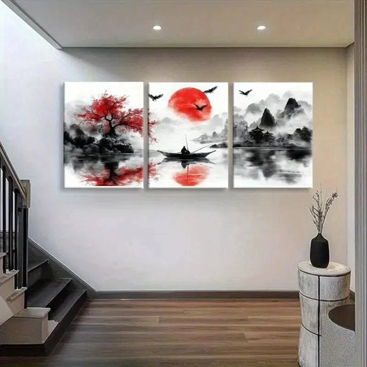 3pcs Red Sun Over River & Mountains Perfect Wall Art Set Canvas Framed 40x60cm - High Quality Print 100% Australian Made Wall Canvas Ready to Hang