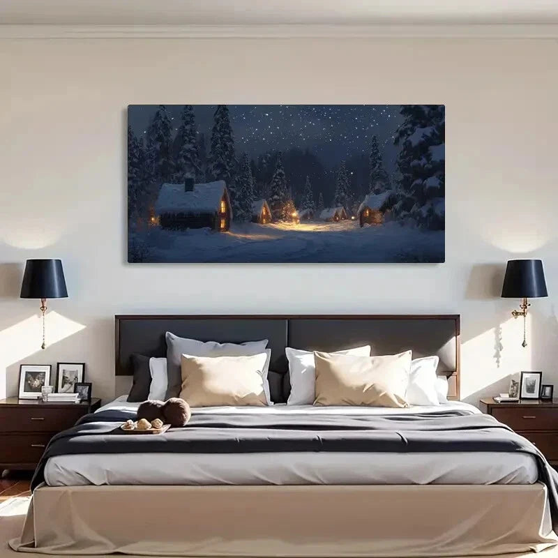 Snowy Cabin Scene Warm Light Wall Art Canvas Office Home Room Framed 80x45cm
