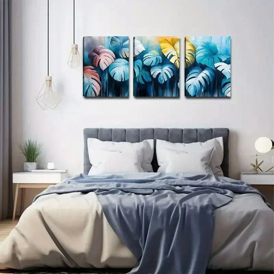 3pcs Elegant Vibrant Tropical Leaf Design Metal Print Ready to Hang Art