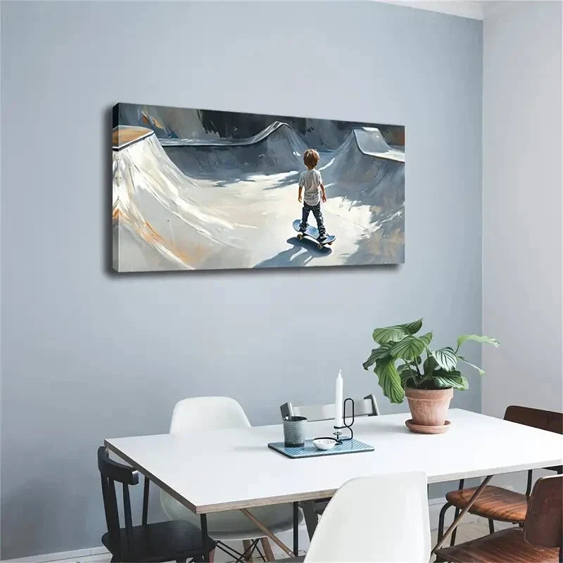 A Little Boy Is Skateboarding Wall Art Canvas Office Home Room Framed 120x60cm