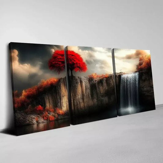 3pcs Red Tree On The Cliff with Waterfall Wall Art Set Canvas Framed 40x60cm - High Quality Print 100% Australian Made Wall Canvas Ready to Hang