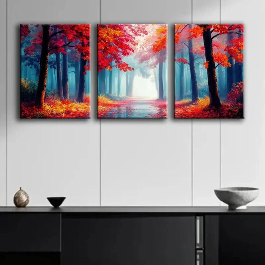 3pcs Autumn Forest Red Nature Beauty Perfect Wall Art Set Canvas Framed 40x60cm - High Quality Print 100% Australian Made Wall Canvas Ready to Hang