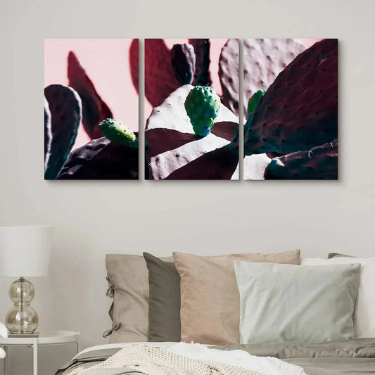 3pcs Pink and Green Cactus Shadows Floral Metal Print Ready to Hang Art