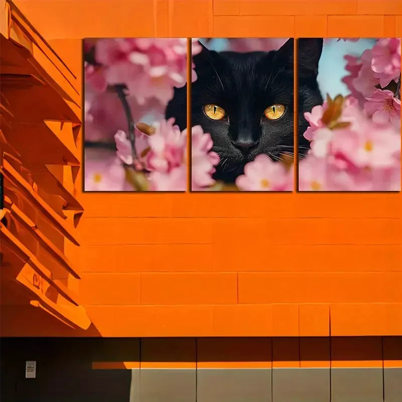 3pcs Black Cat with Amber Eyes Triptych Canvas Framed 40x60cm - High Quality Print 100% Australian Made Wall Canvas Ready to Hang