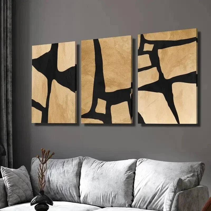 3pcs Geometric Abstract Shape in Beige And Black Wall Art Set Canvas Framed 40x60cm - High Quality Print 100% Australian Made Wall Canvas Ready to Hang