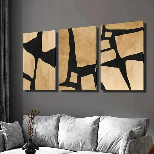 3pcs Geometric Abstract Shape in Beige And Black Wall Art Set Canvas Framed 40x60cm - High Quality Print 100% Australian Made Wall Canvas Ready to Hang