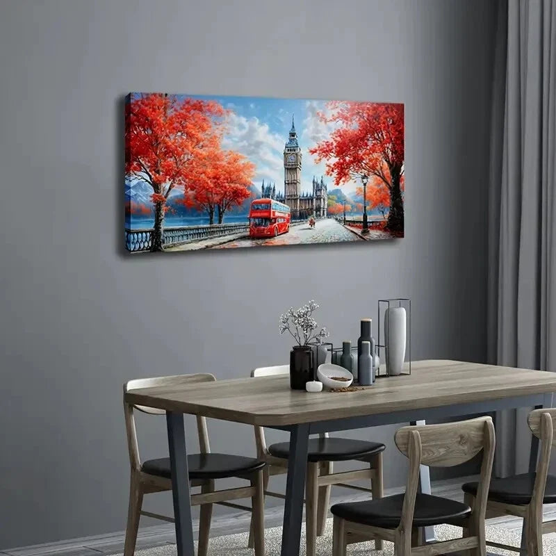 Red Bus On Red Maple Leaf Trail Wall Art Canvas Office Home Room Framed 120x60cm