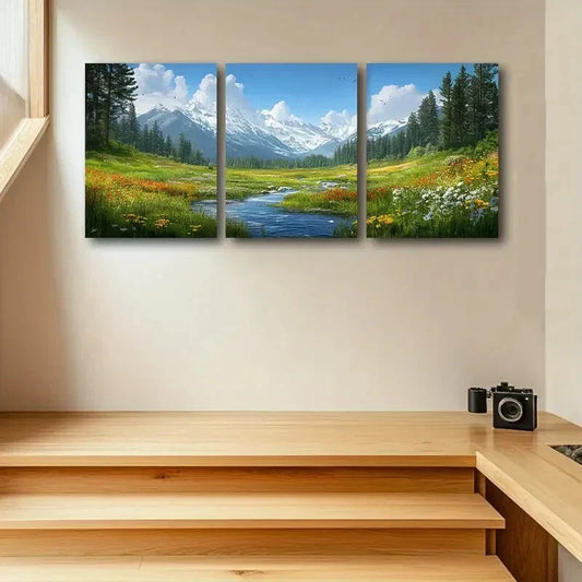 3pcs Serene Landscape with Mountains and Lakes Metal Print Ready to Hang Art