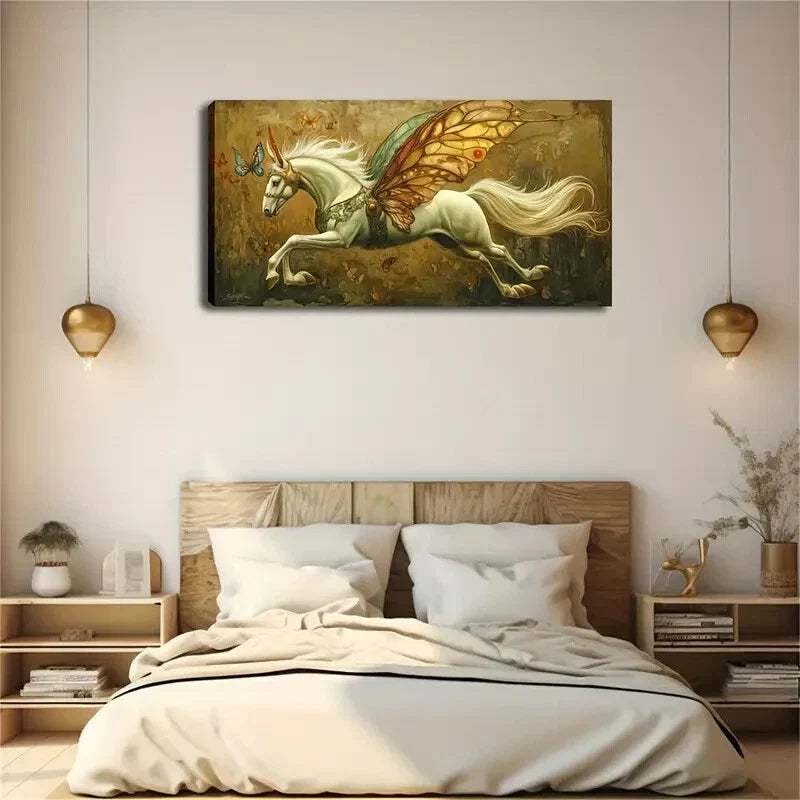 A White Horse with Unicorn Horn Wall Art Canvas Office Home Room Framed 120x60cm