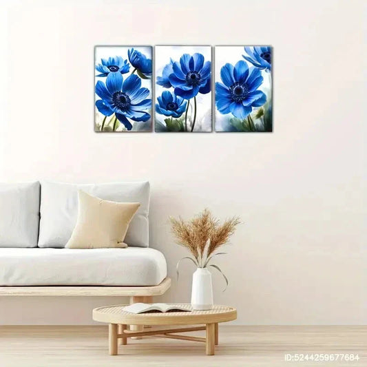 3pcs Design with Vibrant Blue Petals and Green Metal Print Ready to Hang Art