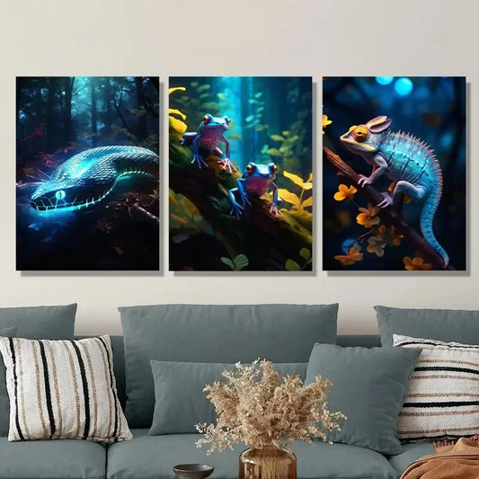3pcs Blue glowing snake in the forest, Metal Print Ready to Hang Art