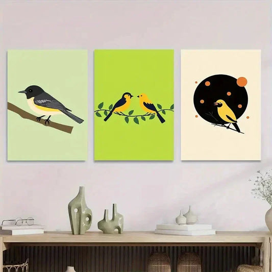 3pcs Vibrant Green Background with Black & White Metal Print Ready to Hang Art