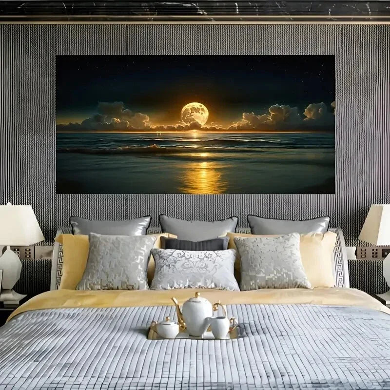 Vintage Moonlight Seascape wall canvas office home room framed 120x60cm