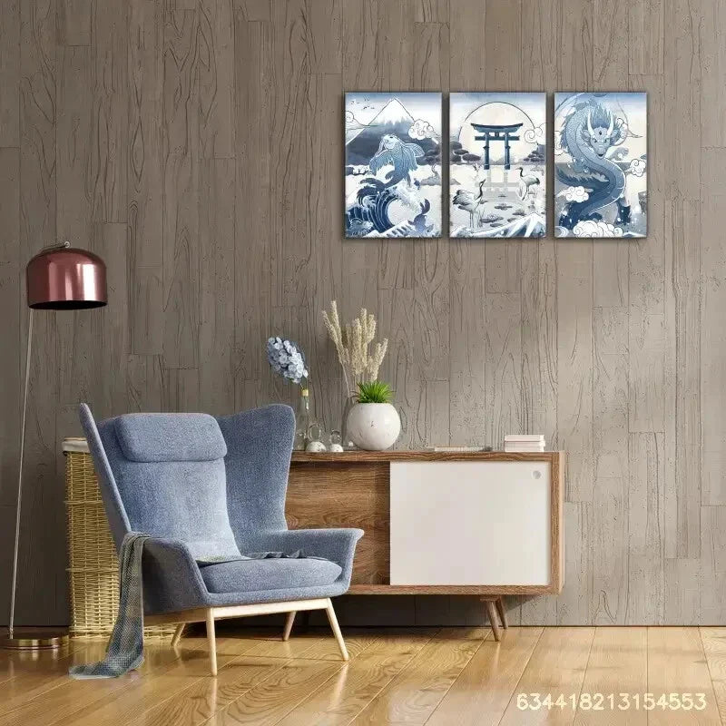 3pcs Ocean Waves Fish Cranes Dragons Animal Metal Print Ready to Hang Art