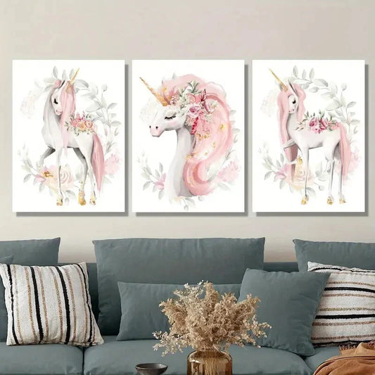 3pcs Watercolor Style Unicorn with Flowers Metal Print Ready to Hang Art
