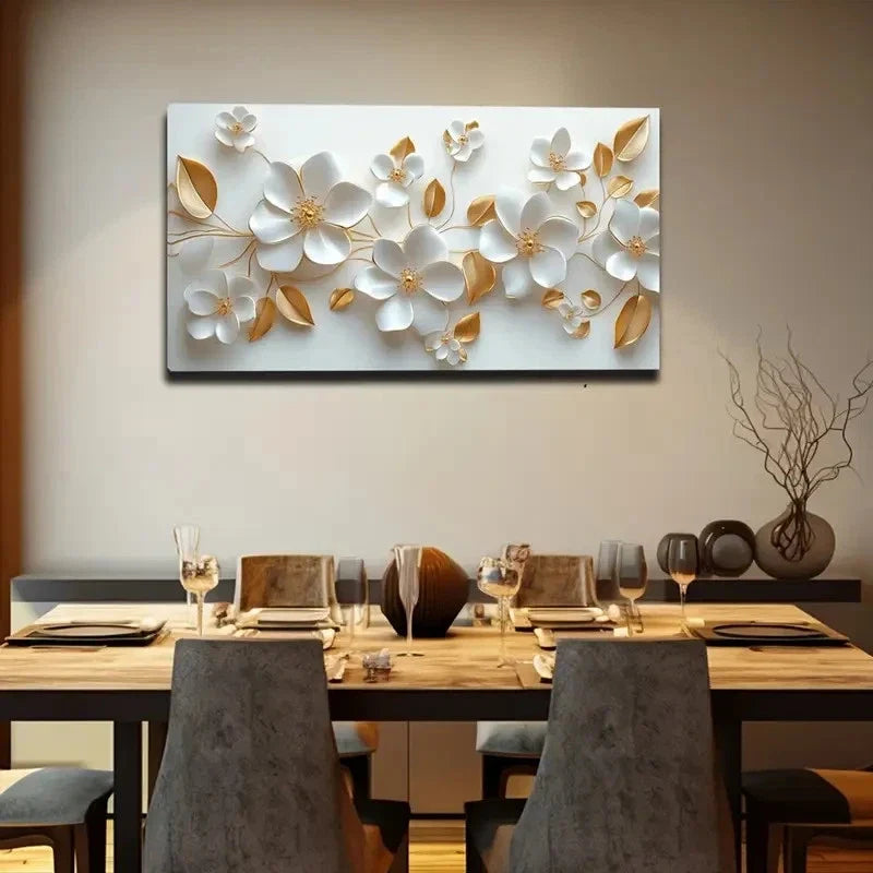 White Flowers Golden Center Wall Art Canvas Office Home Room Framed 80x45cm