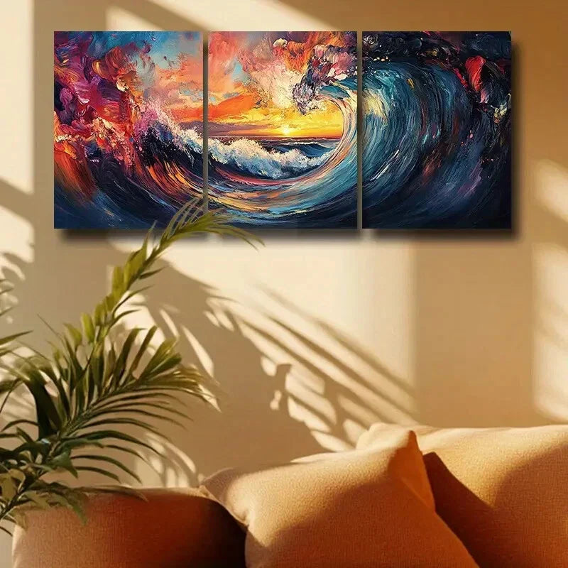 3pcs Vibrant Sea wave Design Metal Print Ready to Hang Art