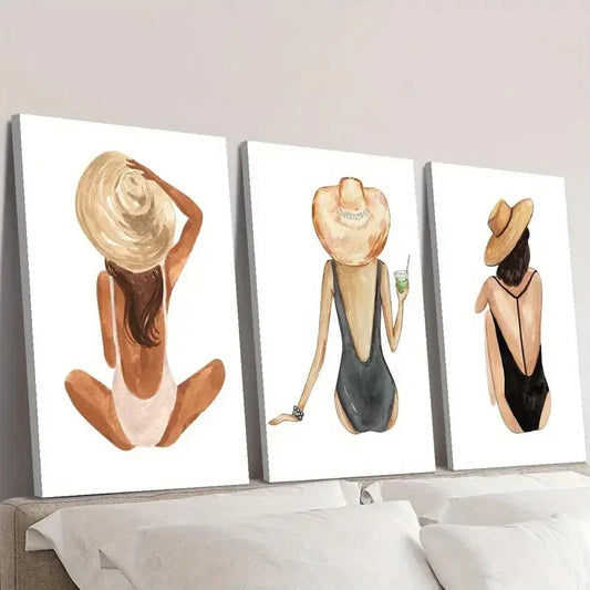 3pcs girl, gouache, beach girl, Wall Art Canvas Unframed/Framed  Wall Art Set Canvas Framed 40x60cm - High Quality Print 100% Australian Made Wall Canvas Ready to Hang