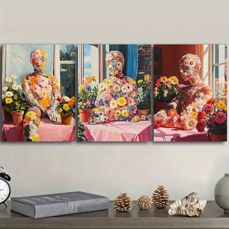 3pcs People made of flowers Wall Art Set Canvas Framed 40x60cm - High Quality Print 100% Australian Made Wall Canvas Ready to Hang
