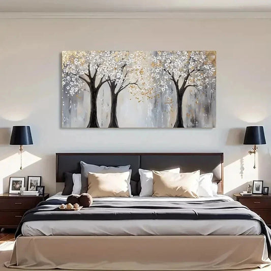 Blooming Trees Golden Accent Wall Art Canvas Office Home Room Framed 120x60cm