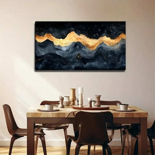 Golden Waves On Dark Night Sky Wall Art Canvas Office Home Room Framed 120x60cm