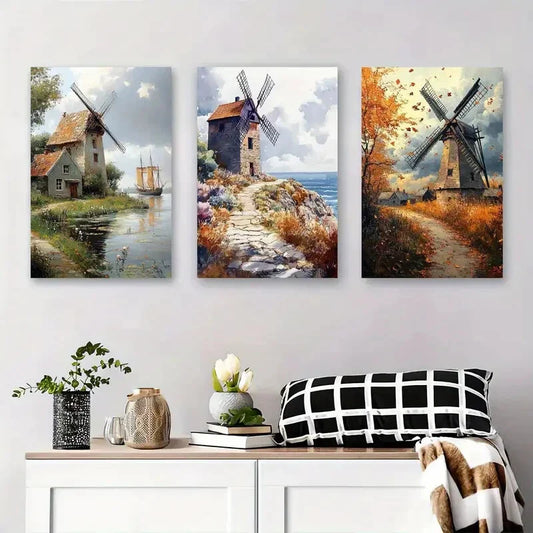 3pcs Windmill Village Countryside, Autumn Metal Print Ready to Hang Art