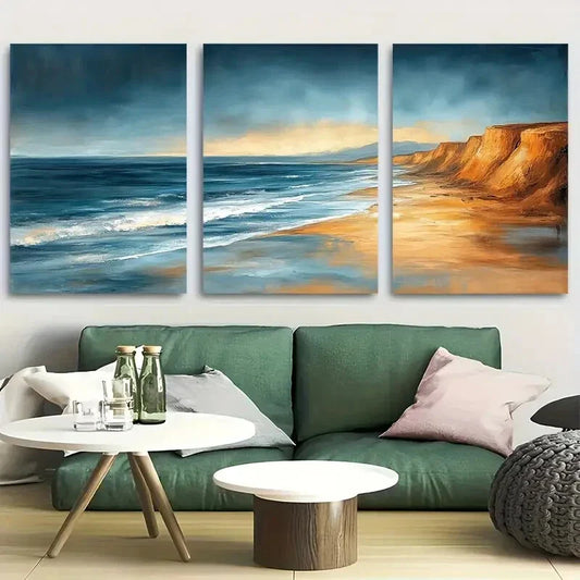 3pcs Golden Coastal Cliff Neutral Ocean Metal Print Ready to Hang Art