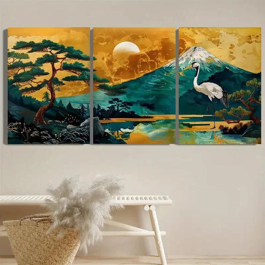 3pcs Japanese Crane Gold Mount Fuji Green Metal Print Ready to Hang Art