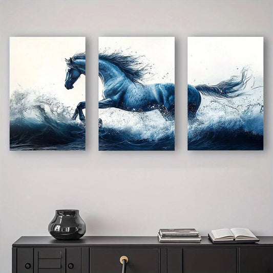 3pcs Blue Horse And Water Wave Metal Print Ready to Hang Art