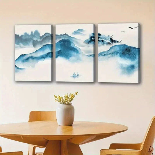 3pcs Stunning Blue Mountain Landscape with Birds Wall Art Set Canvas Framed 40x60cm - High Quality Print 100% Australian Made Wall Canvas Ready to Hang
