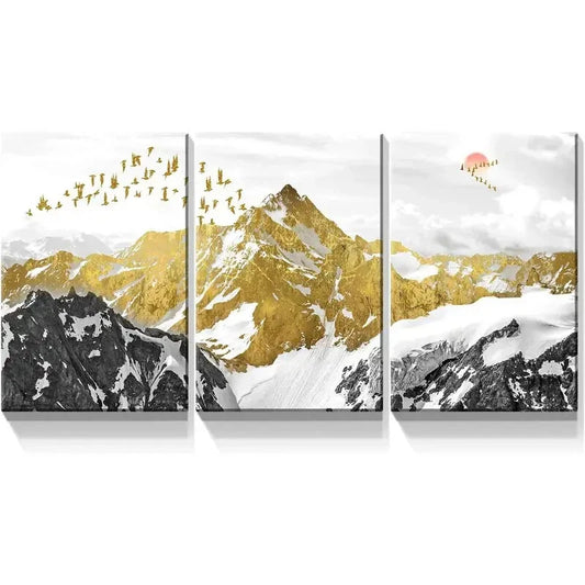 3pcs  Black and White with Golden Birds Metal Print Ready to Hang Art