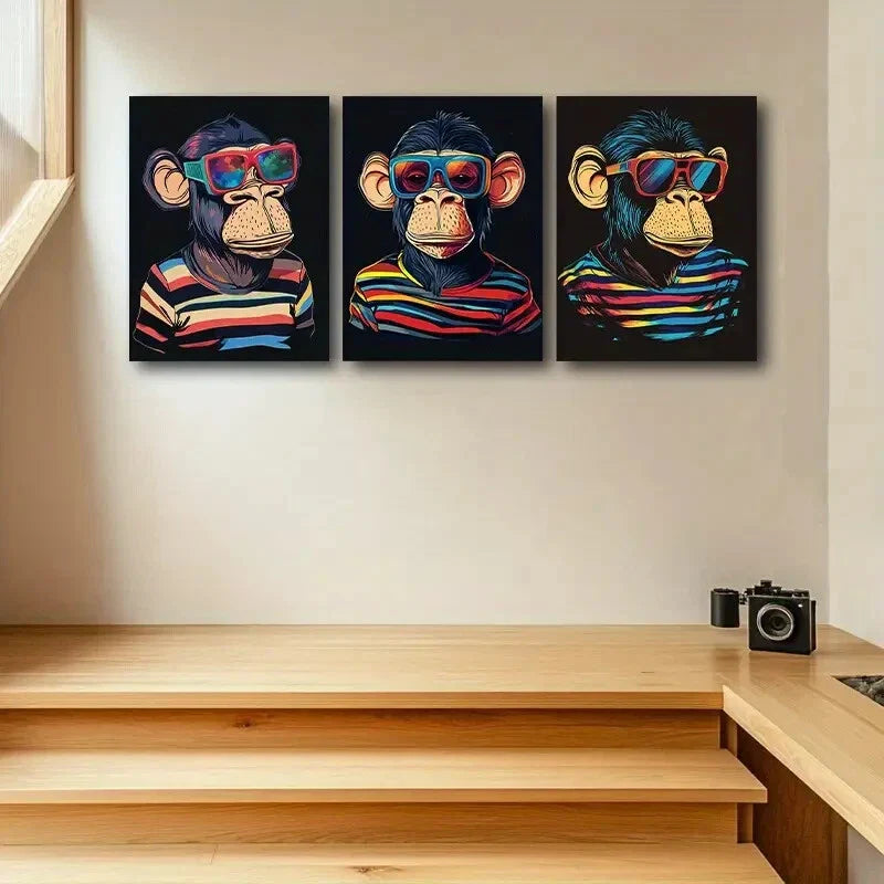 3pcs Fashion Glasses Monkey Metal Print Ready to Hang Art