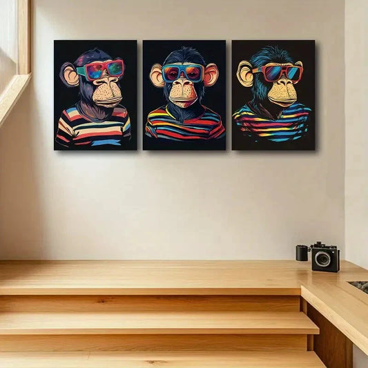 3pcs Fashion Glasses Monkey Metal Print Ready to Hang Art