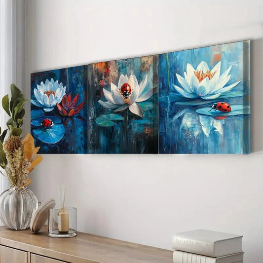 3pcs Ladybugs on Water Lilies Nature Perfect Wall Art Set Canvas Framed 40x60cm - High Quality Print 100% Australian Made Wall Canvas Ready to Hang