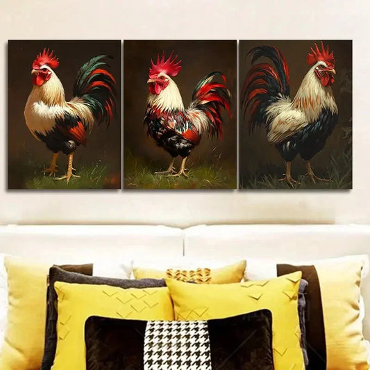 3pcs Vibrant Rooster Metal Print Ready to Hang Art