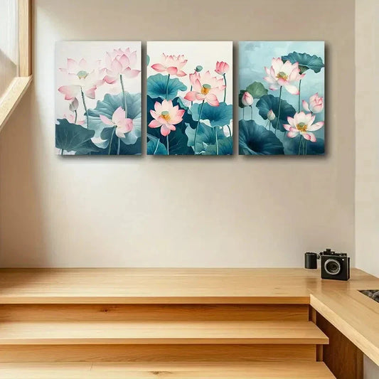 3pcs Pink lotus flowers Design Metal Print Ready to Hang Art