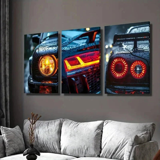 3pcs Cool Antique Car Headlight Taillights Wall Art Set Canvas Framed 40x60cm - High Quality Print 100% Australian Made Wall Canvas Ready to Hang