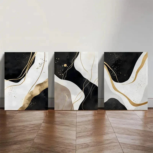 3pcs Black White Golden Abstract Prints Metal Print Ready to Hang Art