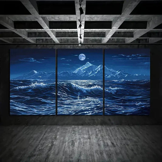 3pcs Moonlit Ocean Waves Coastal Seascape Metal Print Ready to Hang Art