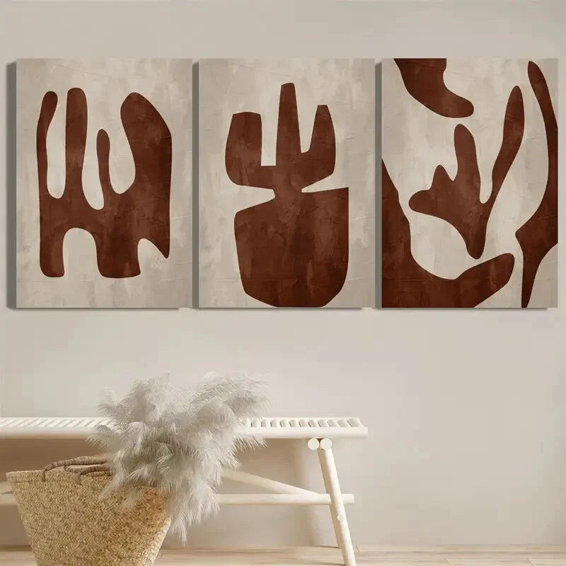 3pcs Brown Abstract Shapes Classic Modern Metal Print Ready to Hang Art