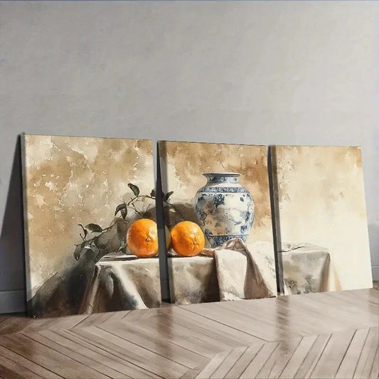 3pcs Still life painting of an old vase  Wall Art Set Canvas Framed 40x60cm - High Quality Print 100% Australian Made Wall Canvas Ready to Hang