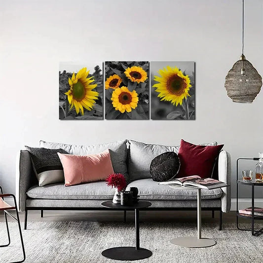 3pcs Black And White Background Sunflowers Metal Print Ready to Hang Art