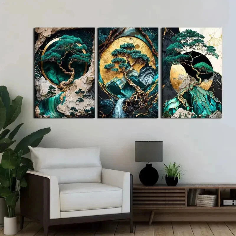 3pcs  green and Golden landscape oil paintings Metal Print Ready to Hang Art