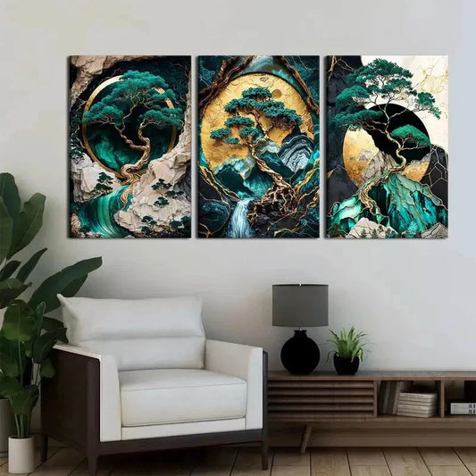 3pcs  green and Golden landscape oil paintings Metal Print Ready to Hang Art